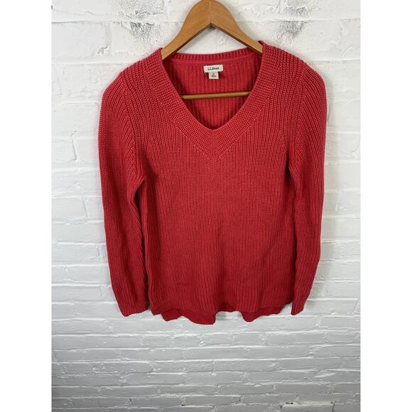 L.L. Bean Women's Chunky Knit Shaker-Stitch V-Neck Pullover Sweater Red Size S - Picture 1 of 5